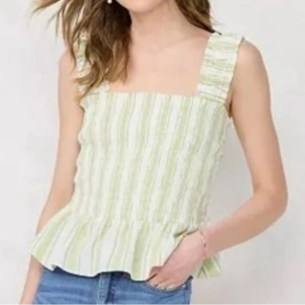 🟠NWT LAUREN CONRAD Smocked Linen Peplum Tank Top in Green/Cream Stripe MED